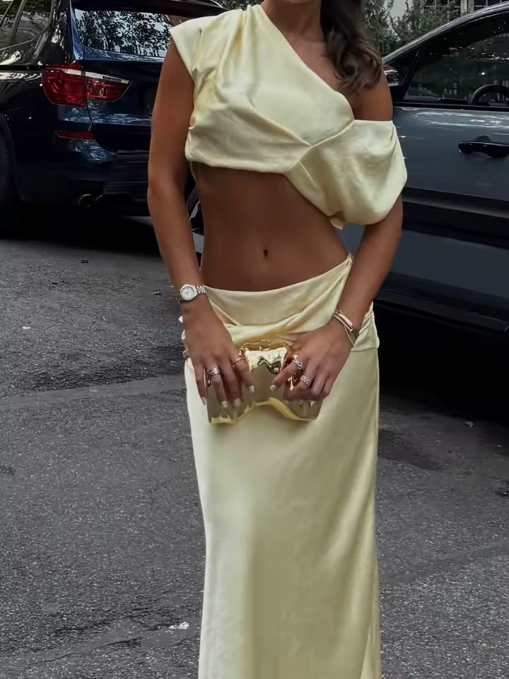 Arlette Satin Pleated Crop Top & Skirt Set