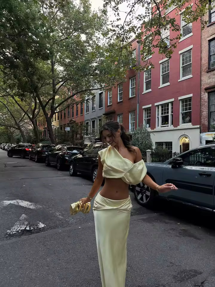 Arlette Satin Pleated Crop Top & Skirt Set