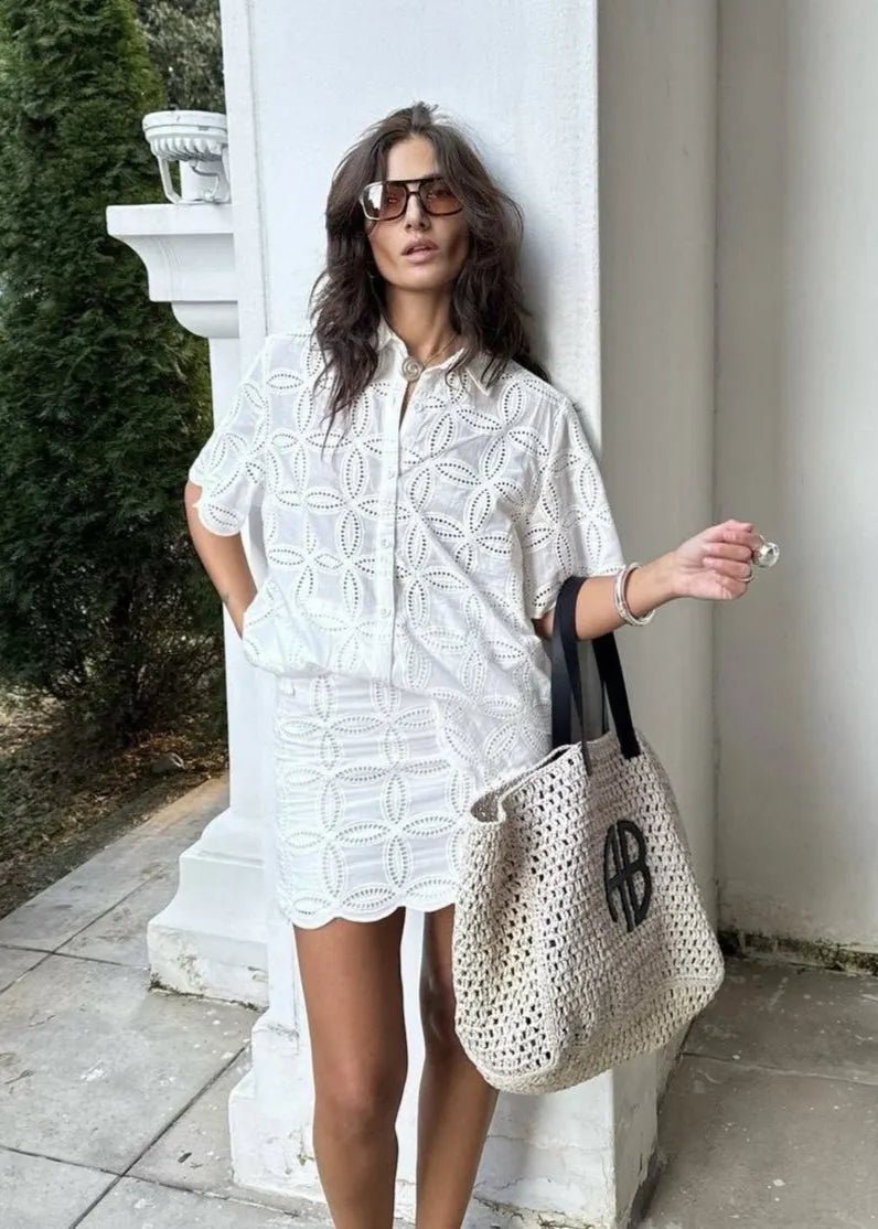 Beatrice Embroidered Cotton Shirt and Skirt Set