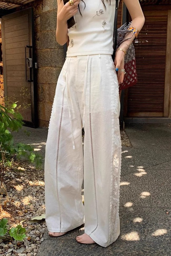Beatrice Linen Lace Splicing Straight Pants