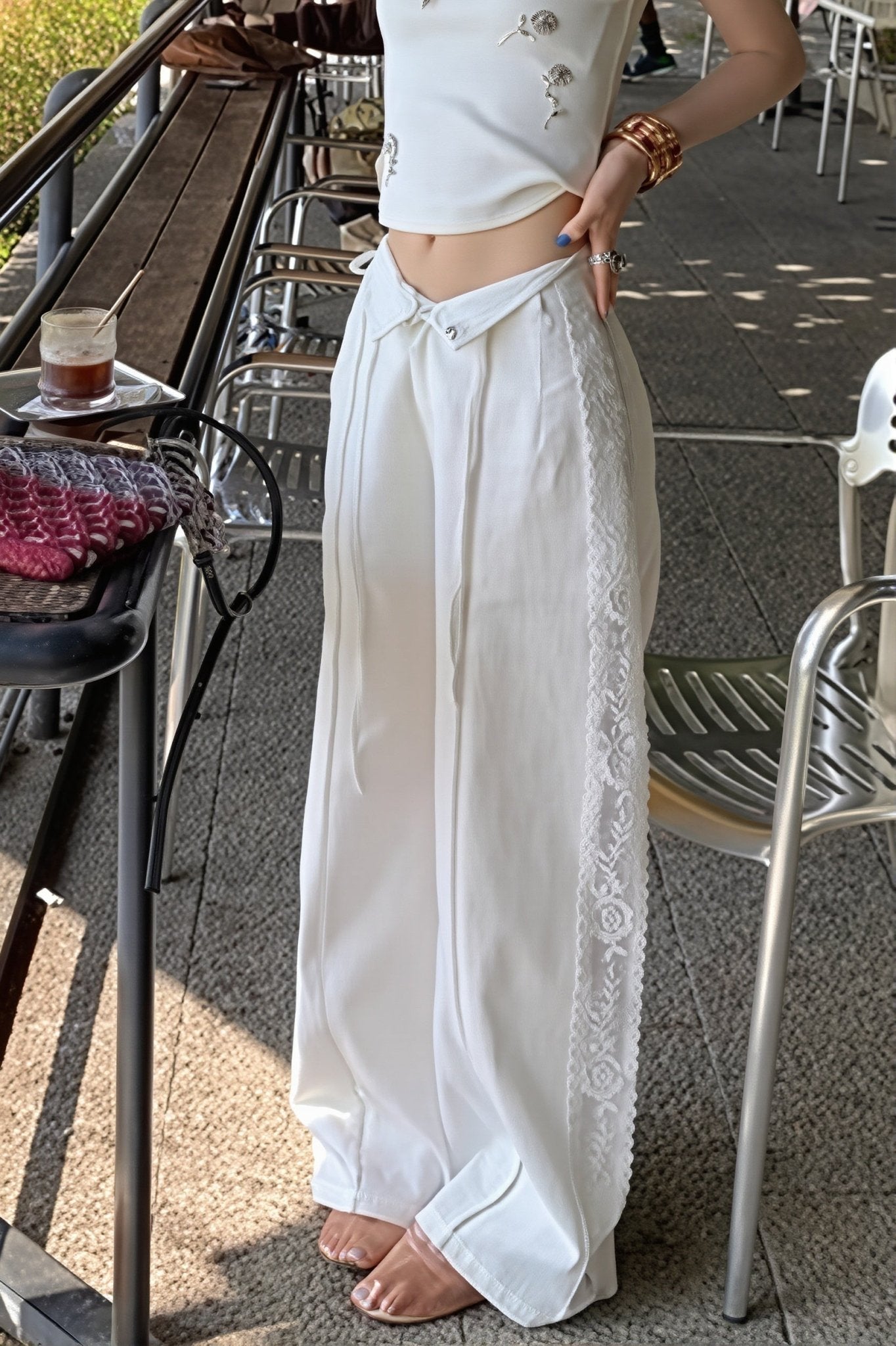 Beatrice Linen Lace Splicing Straight Pants