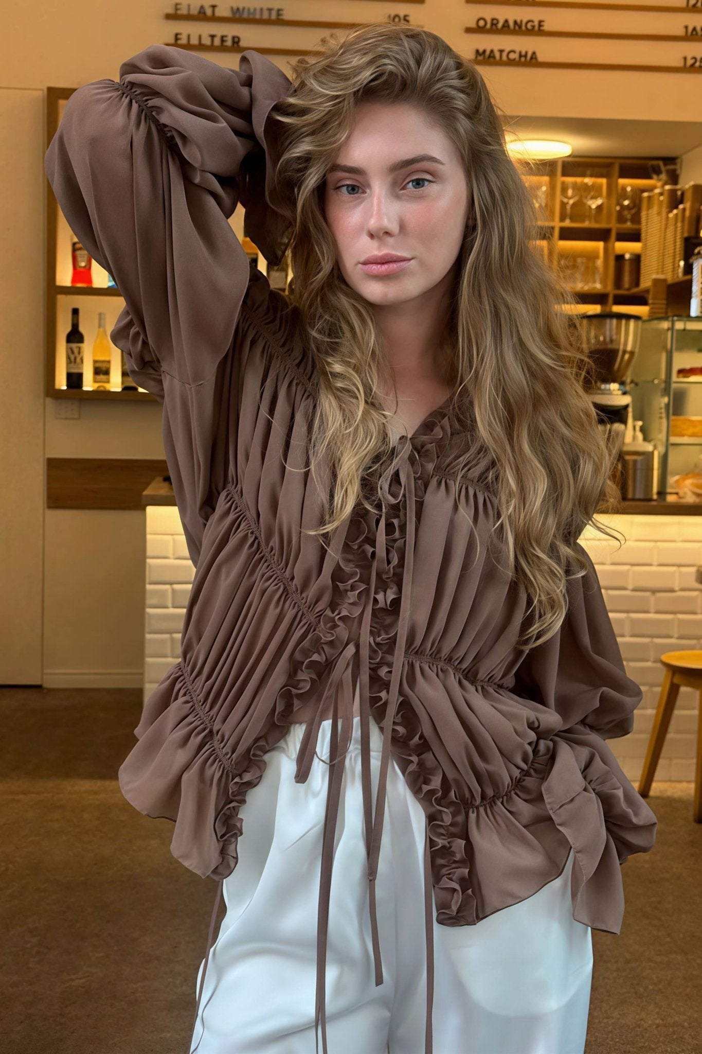 Beatrice Ruched Ruffle Tie Blouse