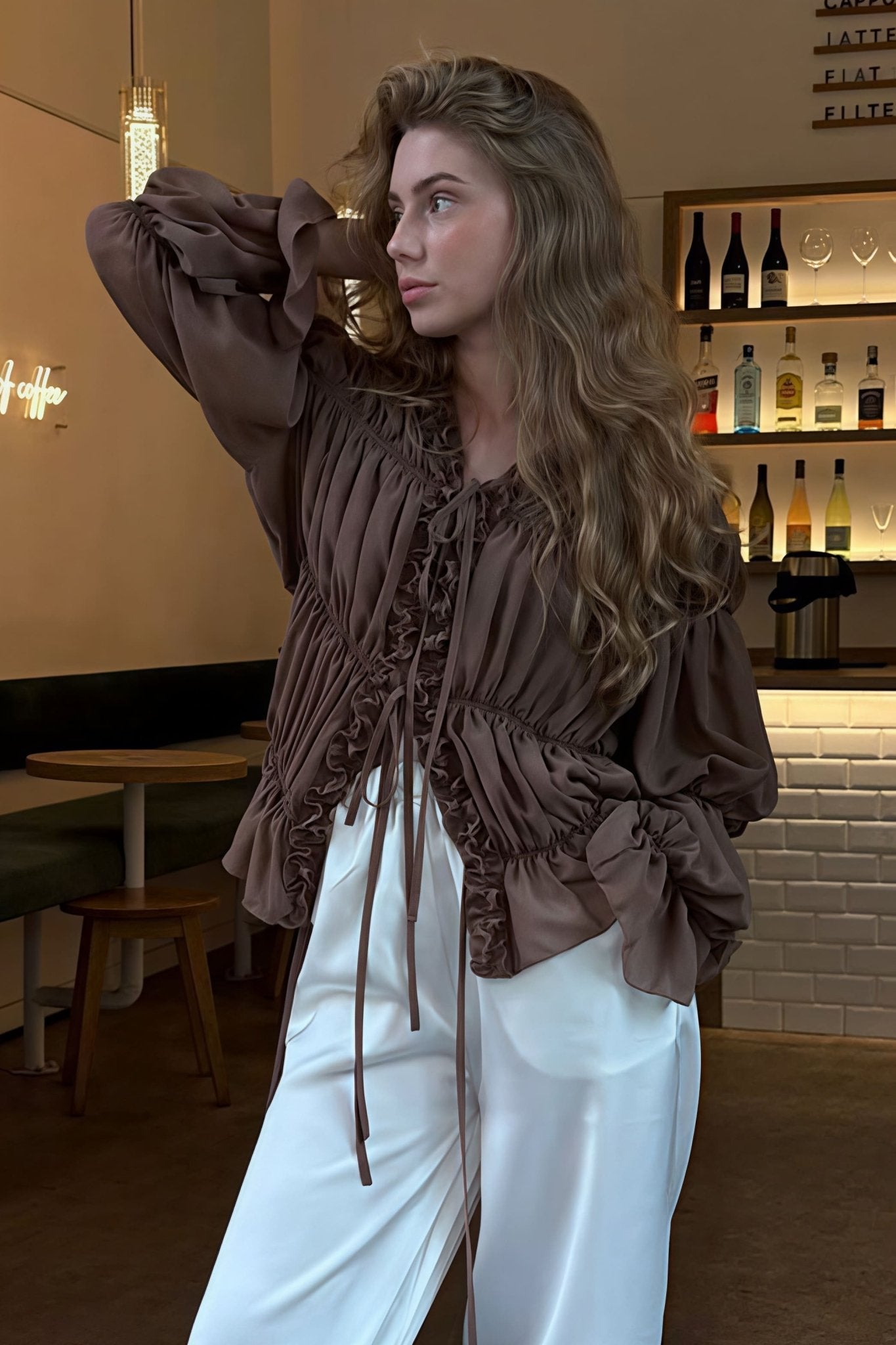 Beatrice Ruched Ruffle Tie Blouse