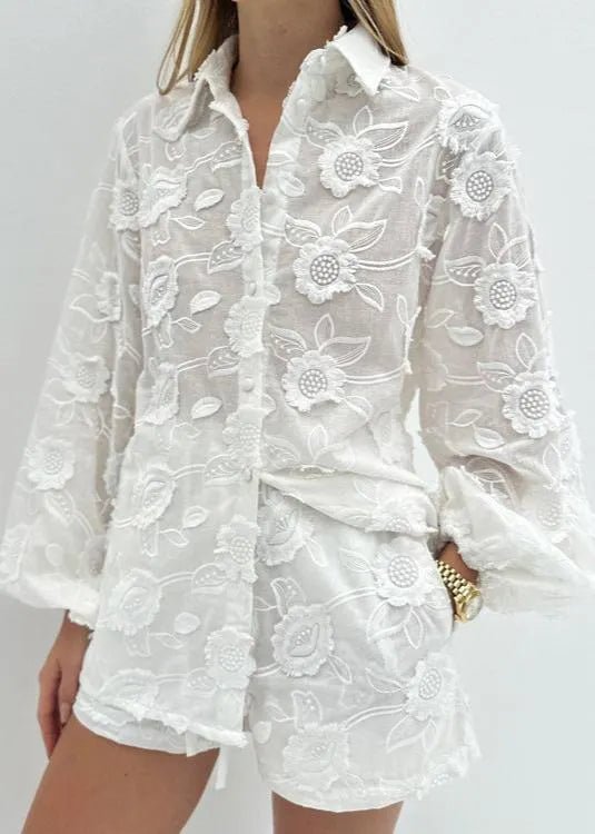 Beatrice Sheer Embroidered Shirt & High-Waist Shorts Set