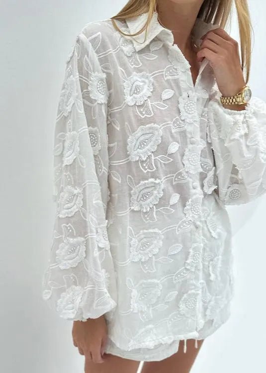 Beatrice Sheer Embroidered Shirt & High-Waist Shorts Set
