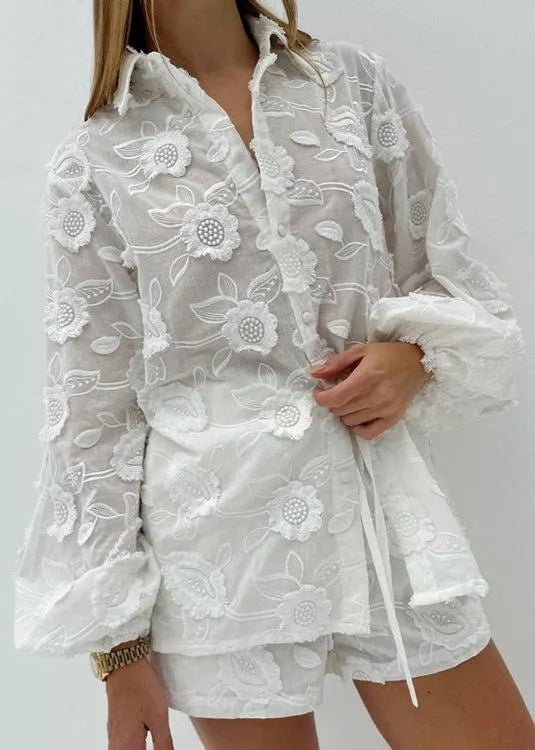 Beatrice Sheer Embroidered Shirt & High-Waist Shorts Set