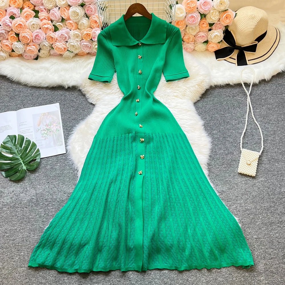 Beatrice Turn-Down Collar Knit Maxi Dress