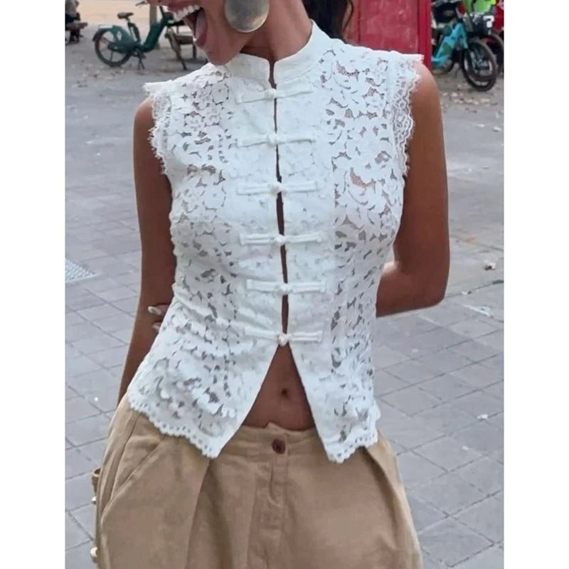 Beatrix Sheer Lace Mandarin Collar Blouse