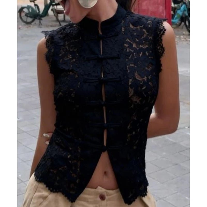 Beatrix Sheer Lace Mandarin Collar Blouse