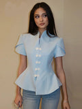Bianca Knot Button Stand Collar Top