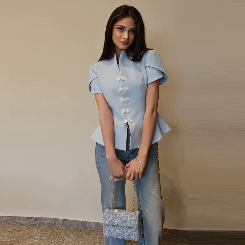 Bianca Knot Button Stand Collar Top
