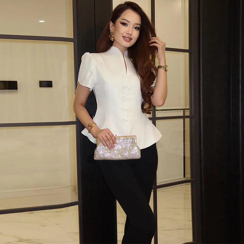 Bianca Knot Button Stand Collar Top