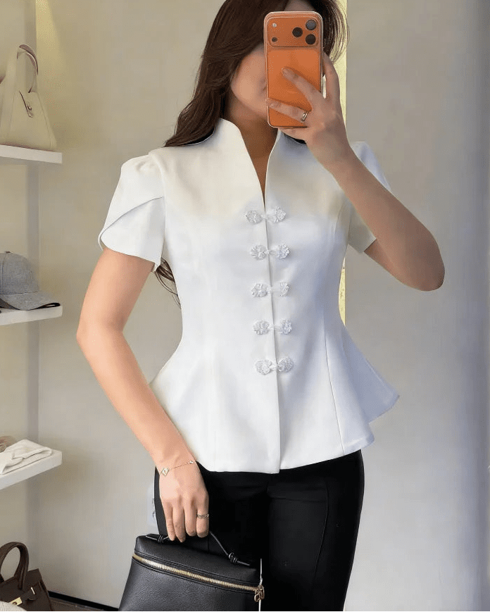 Bianca Knot Button Stand Collar Top