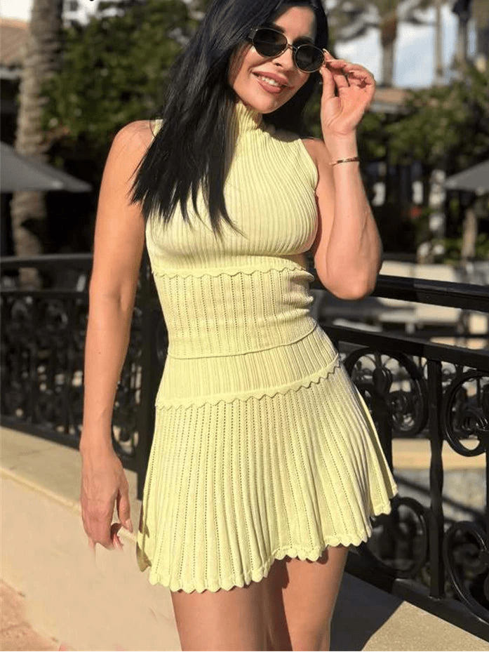 Bianca Two-Piece Knitted Crop Top & Pleated Mini Skirt Set