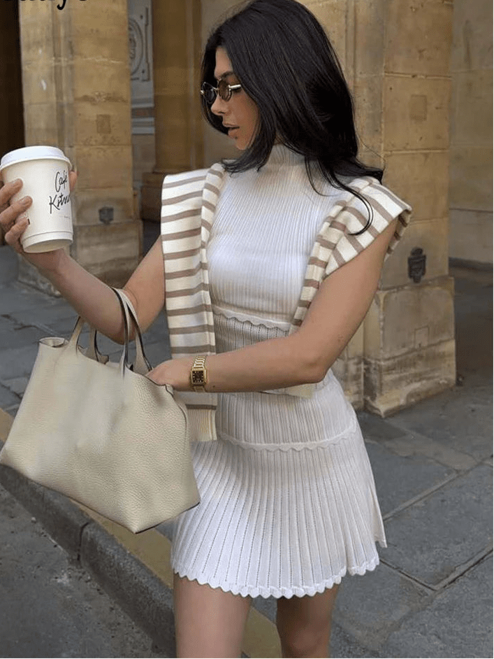 Bianca Two-Piece Knitted Crop Top & Pleated Mini Skirt Set