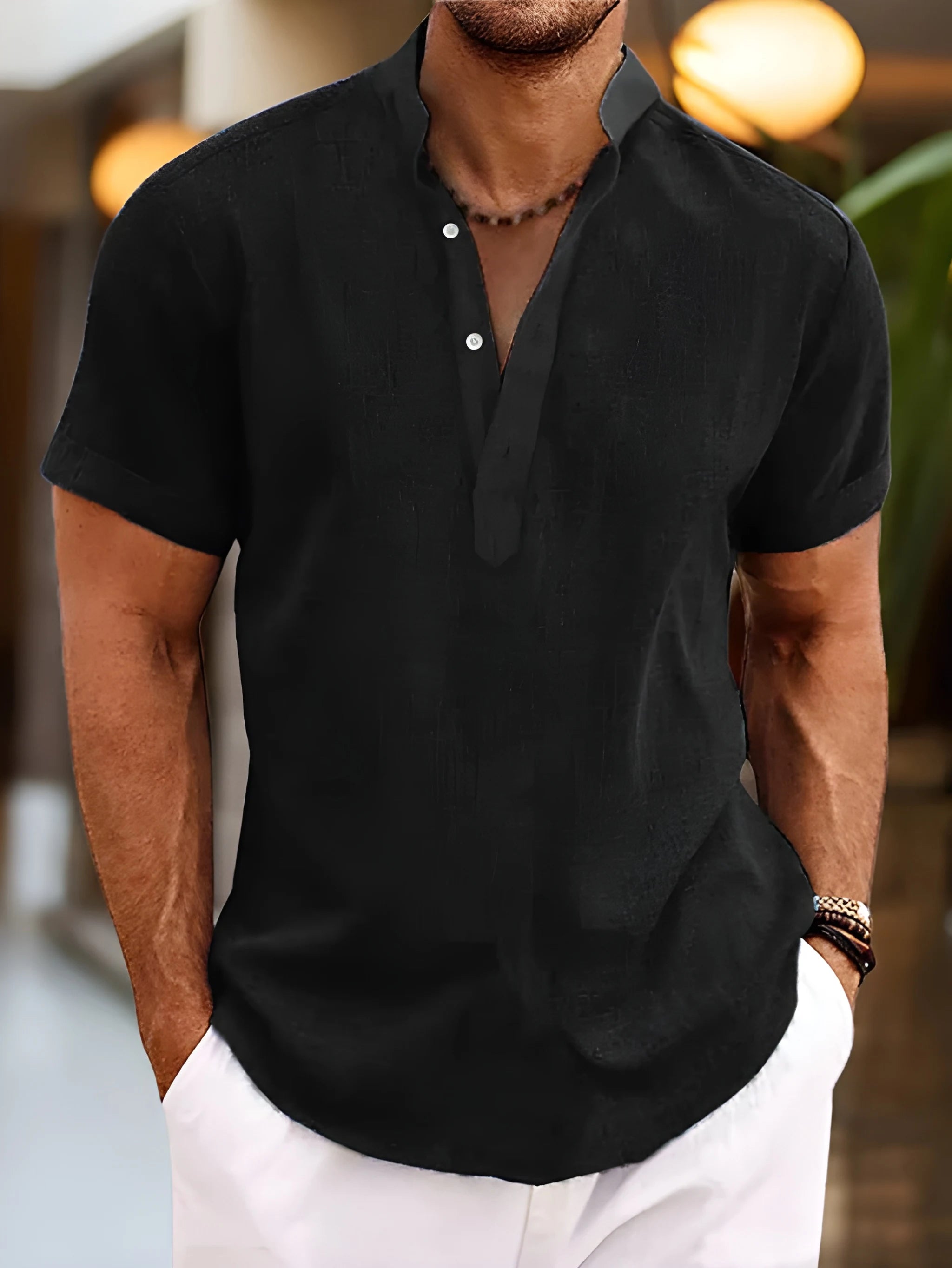 Casual Comfort | Men's Shirt with Mandarin Collar & Tailored Fit | Stylish Short Sleeve for Effortless Warm Weather Wear