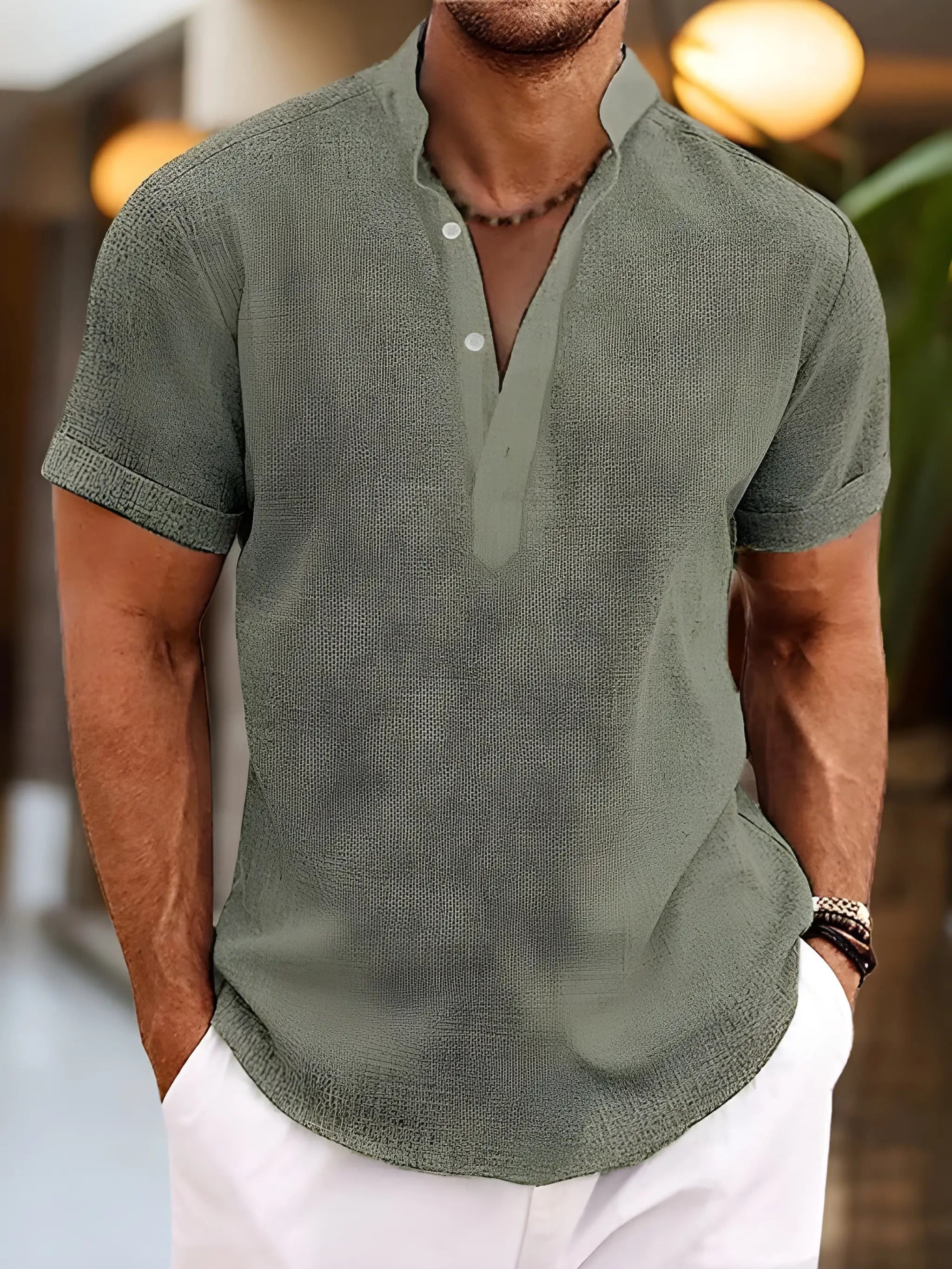 Casual Comfort | Men's Shirt with Mandarin Collar & Tailored Fit | Stylish Short Sleeve for Effortless Warm Weather Wear
