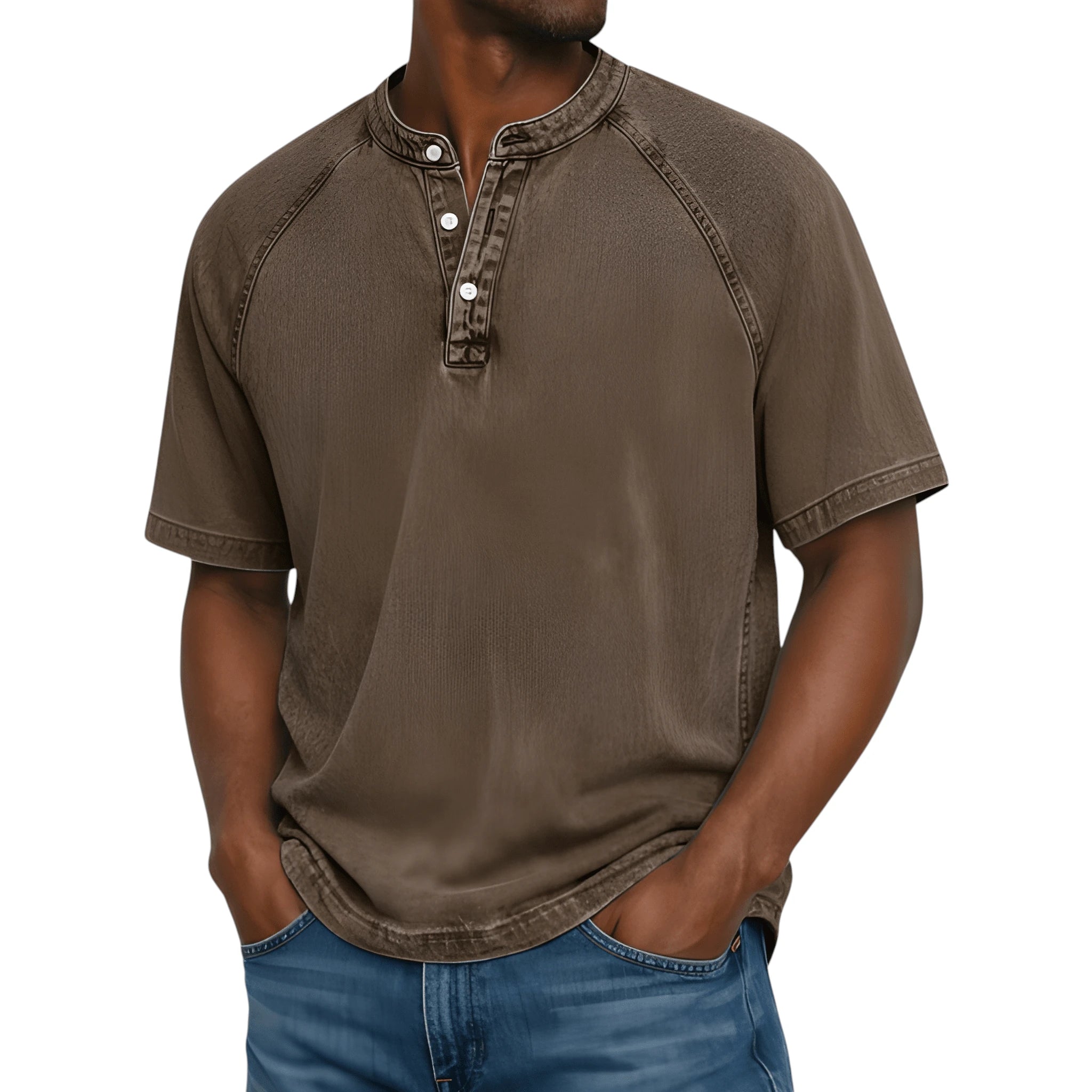 Casual Vintage Men's Shirt with Raglan Sleeves & Henley Placket for Effortless Style