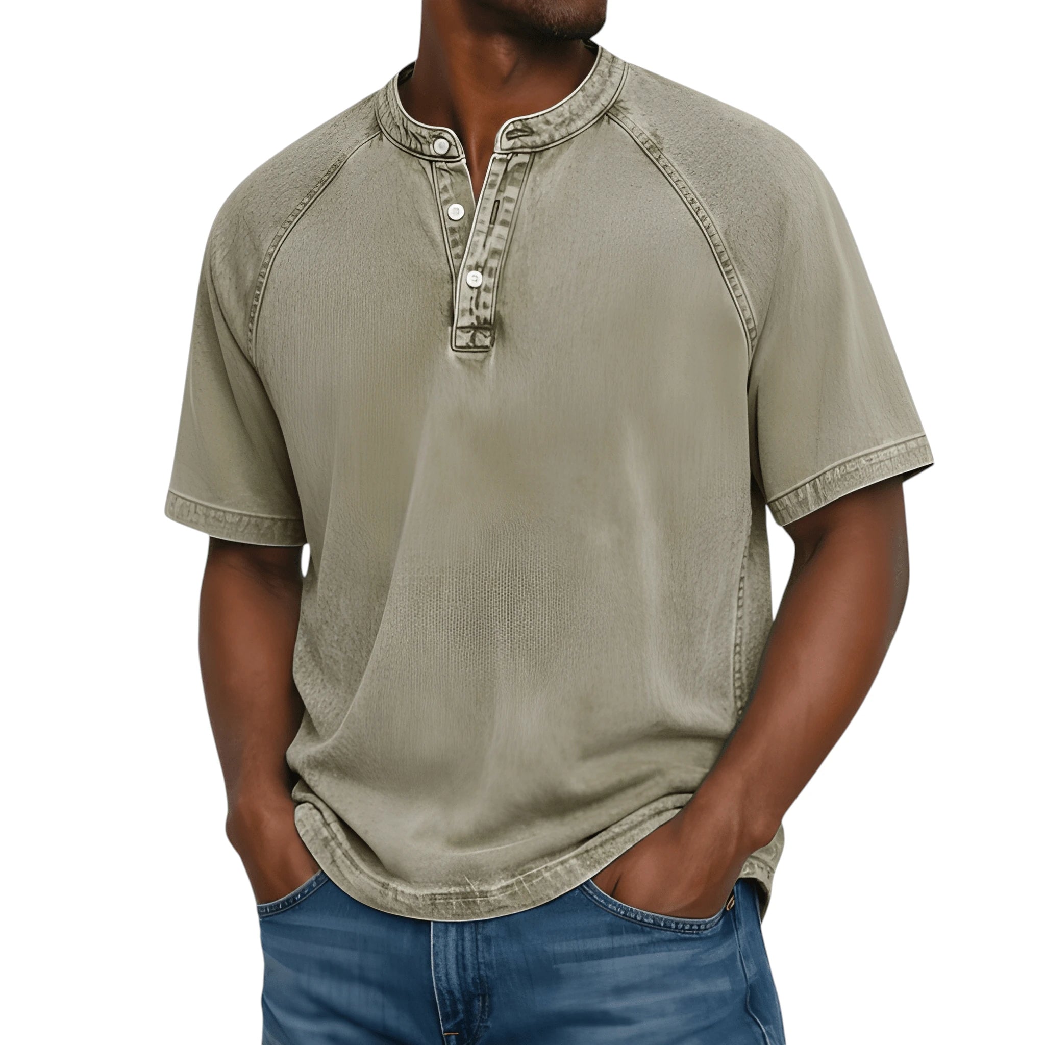 Casual Vintage Men's Shirt with Raglan Sleeves & Henley Placket for Effortless Style