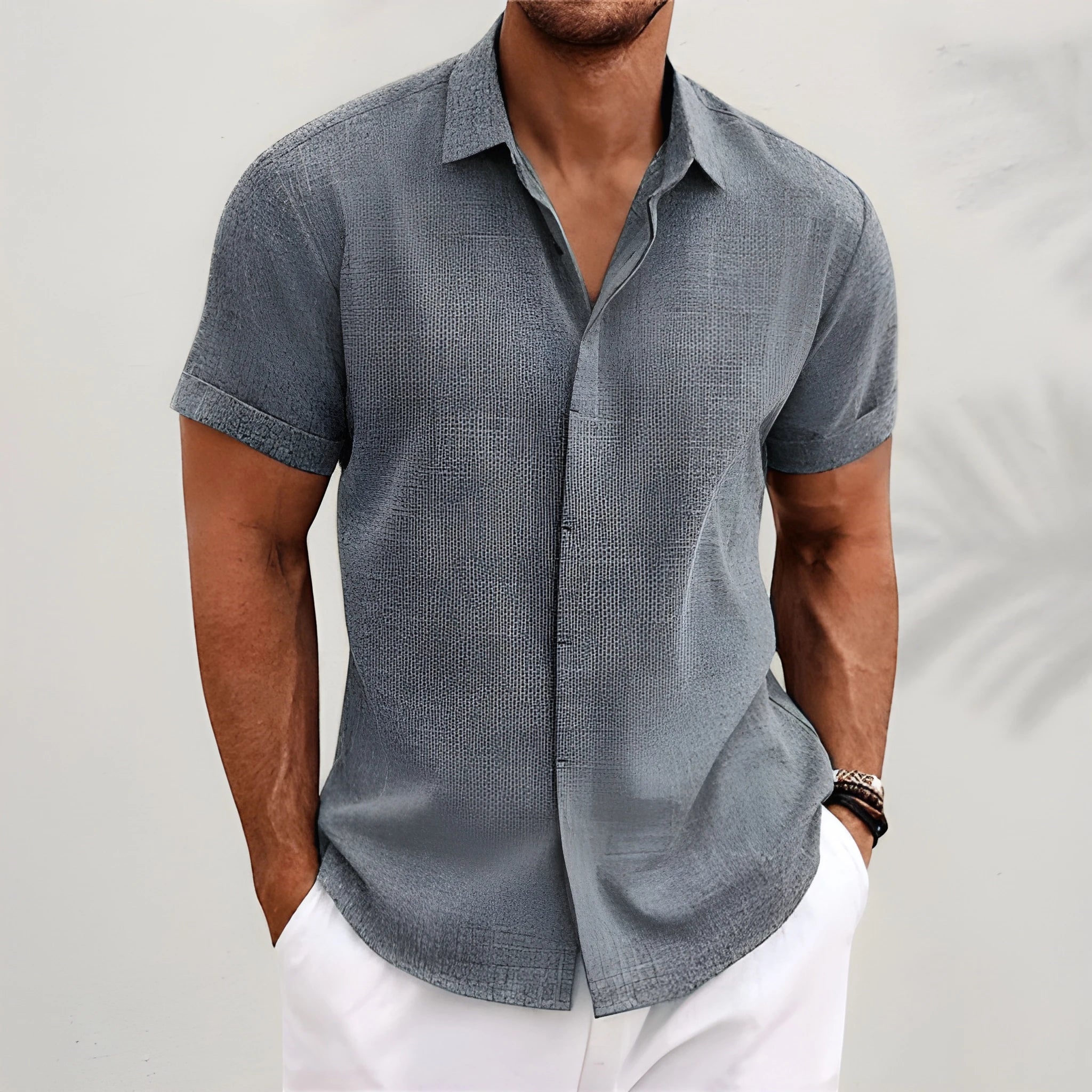 Casual Vintage | Men's Shirt with Camp Collar & Micro-Texture Finish | Stylish Comfort for Warm Weather