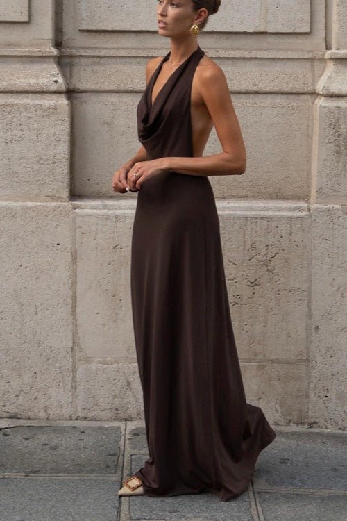 Celeste Brown Halter Backless Maxi Dress