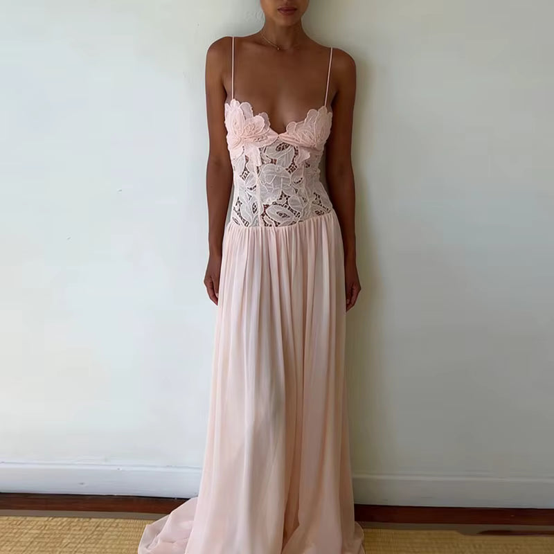 Celeste Lace Mesh Halter Evening Dress