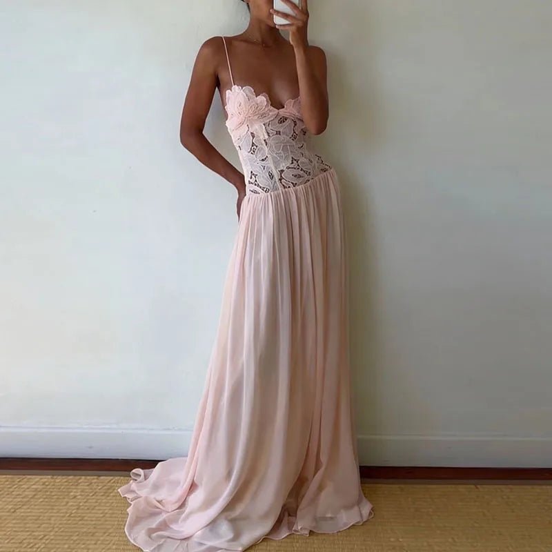 Celeste Lace Mesh Halter Evening Dress