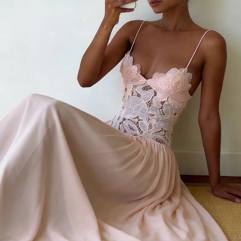 Celeste Lace Mesh Halter Evening Dress