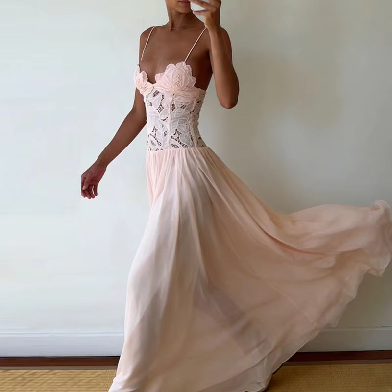 Celeste Lace Mesh Halter Evening Dress