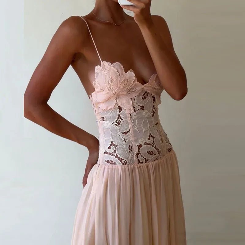 Celeste Lace Mesh Halter Evening Dress