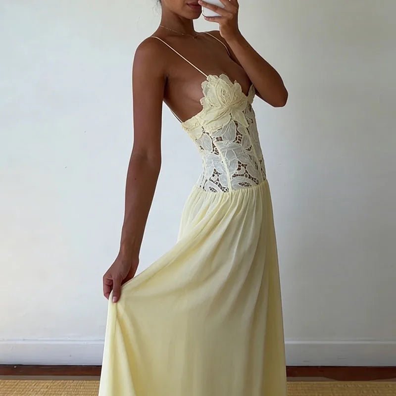 Celeste Lace Mesh Halter Evening Dress