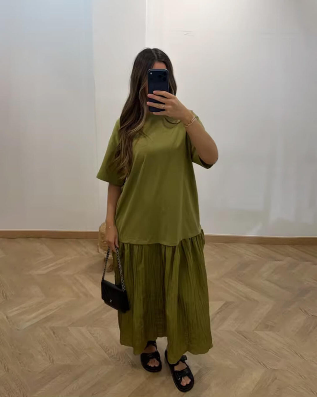 Eris Pleated Patchwork Midi Dress
