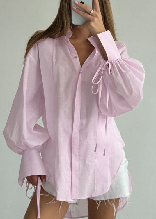 Isabella Oversized Ribbon-Tie Puff Sleeve Shirt