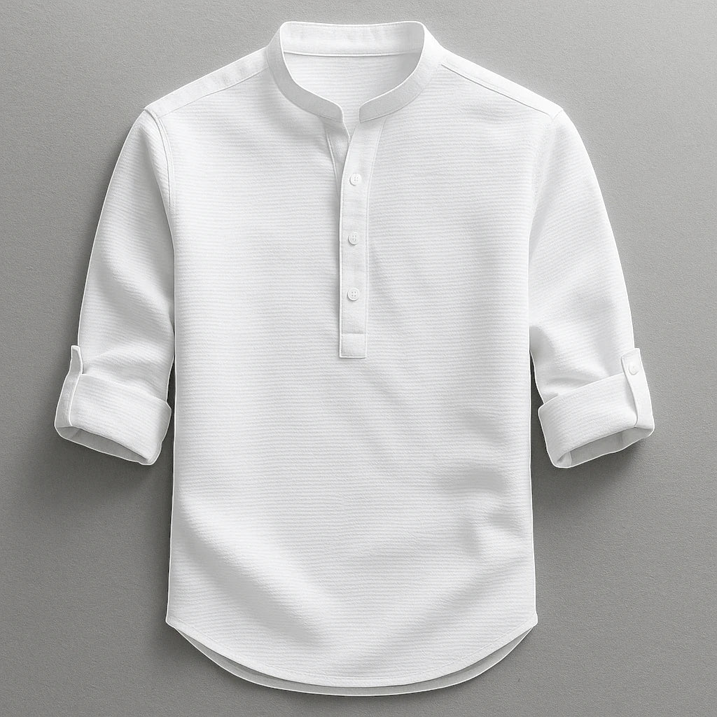 Men's Casual Work Shirt with Long Sleeve & Grandad Collar | Tailored Fit for Effortless Style