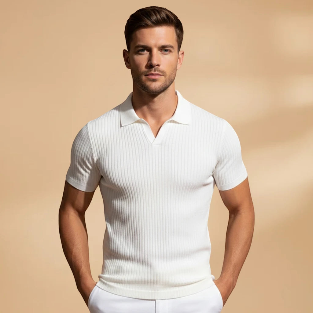 Men's Polo Shirt | Casual Slim Fit with Textured Vertical Design | Comfortable Scoop Neck for Everyday Style