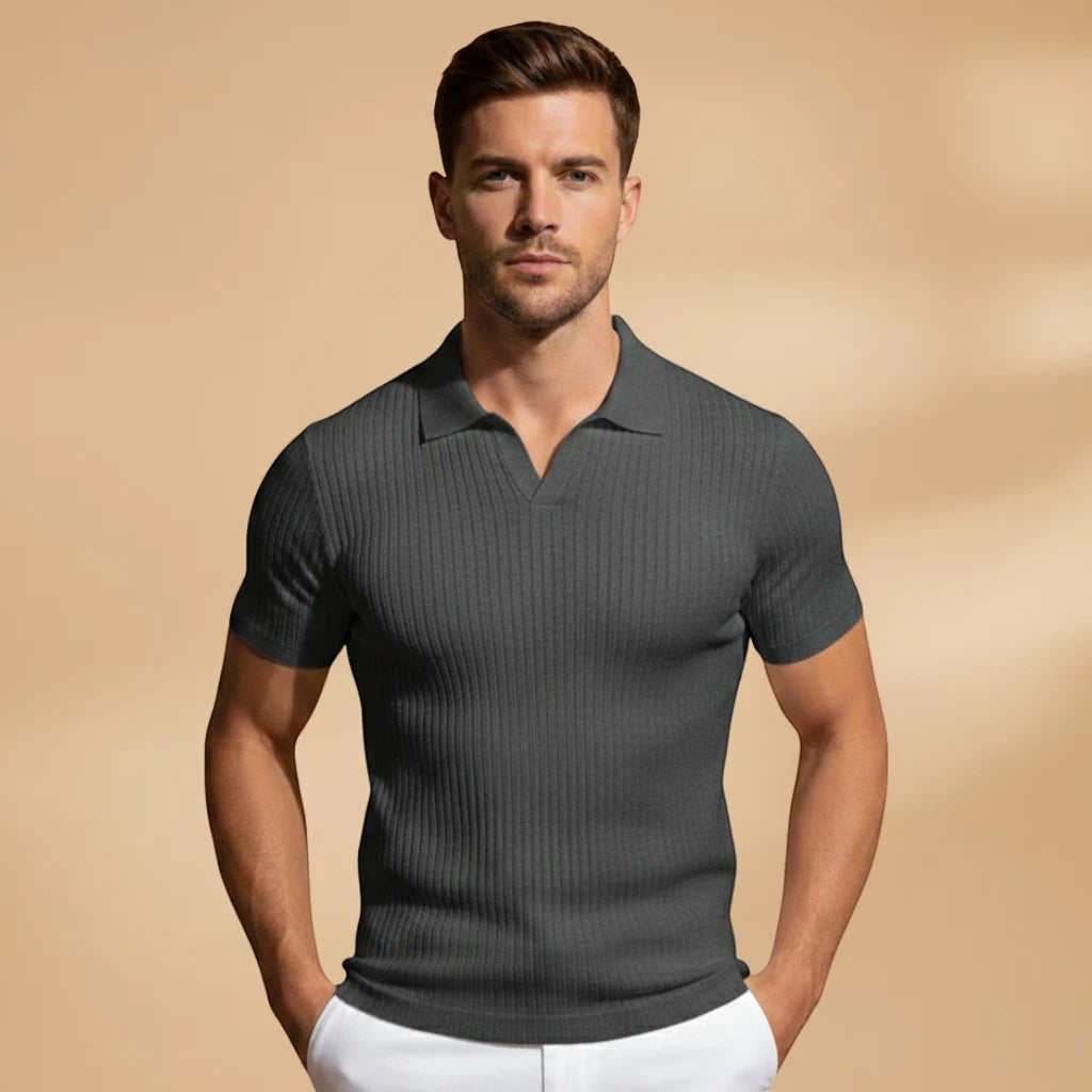 Men's Polo Shirt | Casual Slim Fit with Textured Vertical Design | Comfortable Scoop Neck for Everyday Style