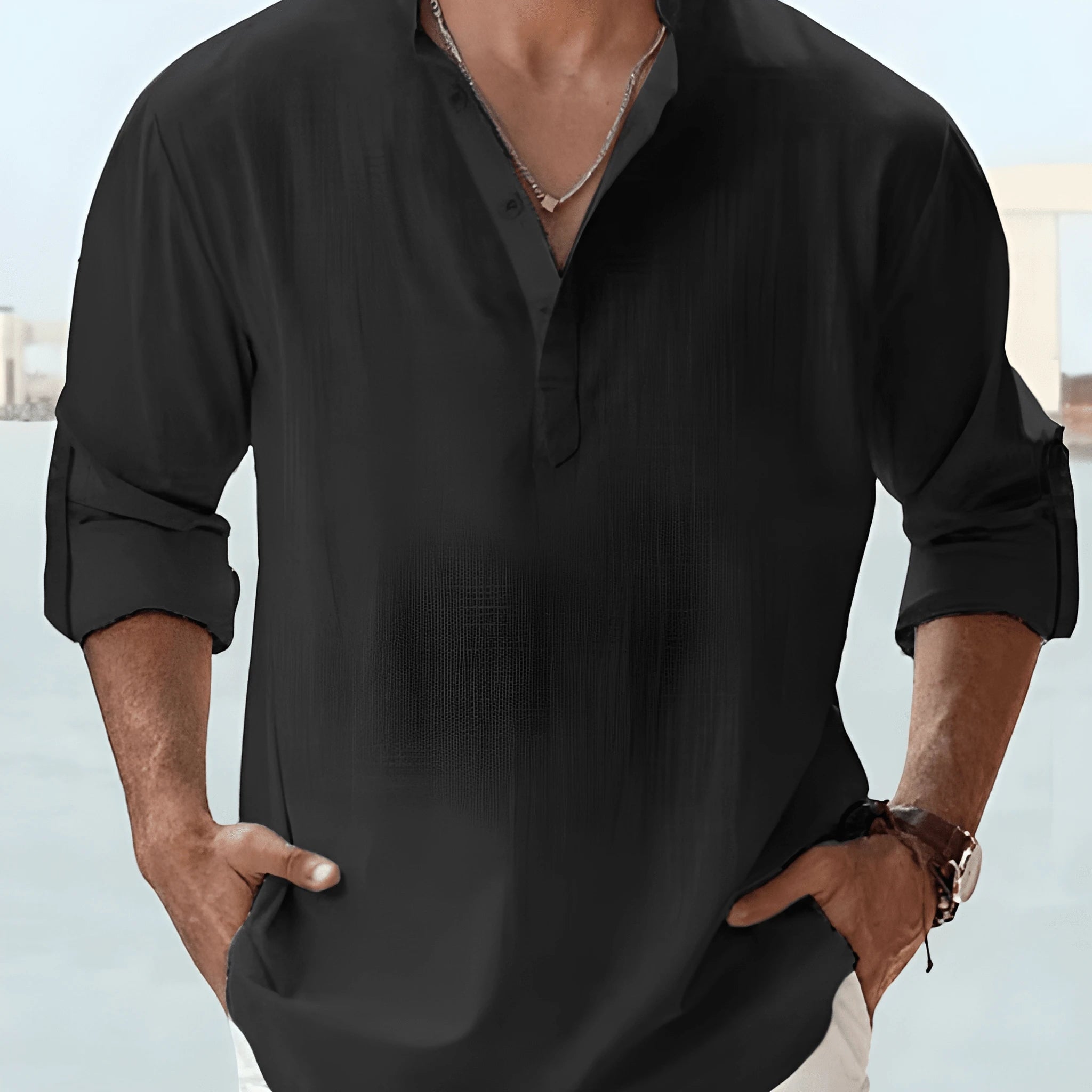 Refined Casual Collection | Men's Shirt with Grandad Collar & Relaxed Fit for All-Day Comfort