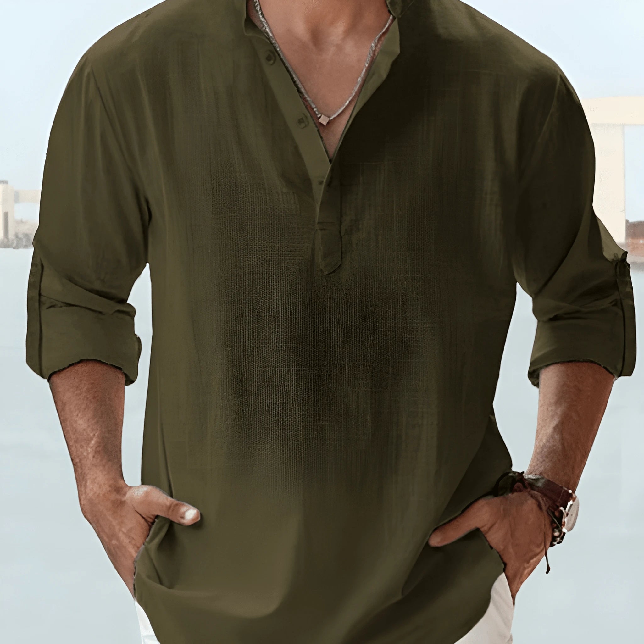 Refined Casual Collection | Men's Shirt with Grandad Collar & Relaxed Fit for All-Day Comfort