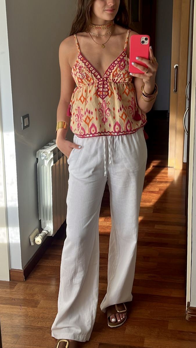 Sofia Embroidered Boho Tassel Tie Cami Top