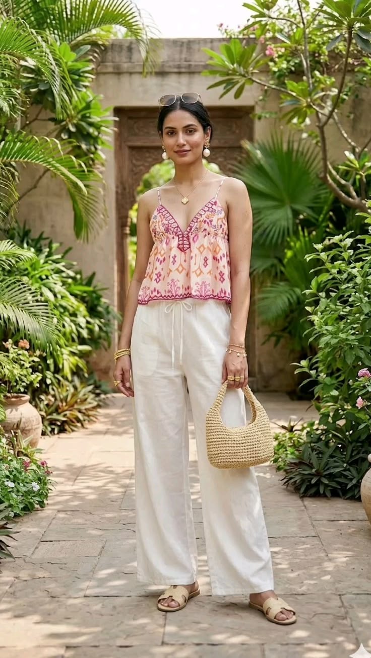 Sofia Embroidered Boho Tassel Tie Cami Top