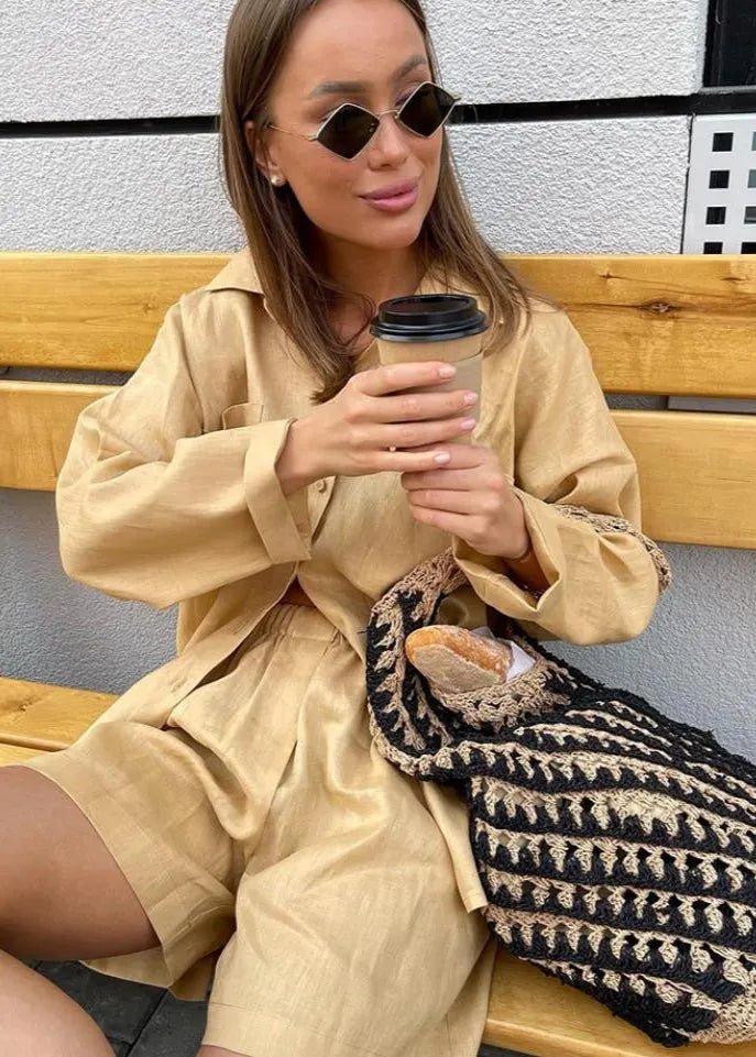 Sophia Linen Button-Down Shirt & High-Waist Shorts Set
